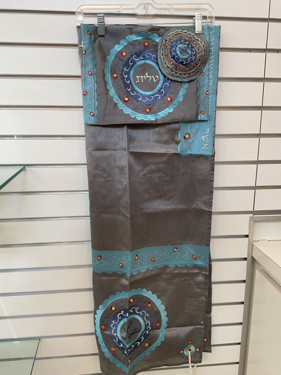 Gray Organza Tallit Set with Blue Embroidery