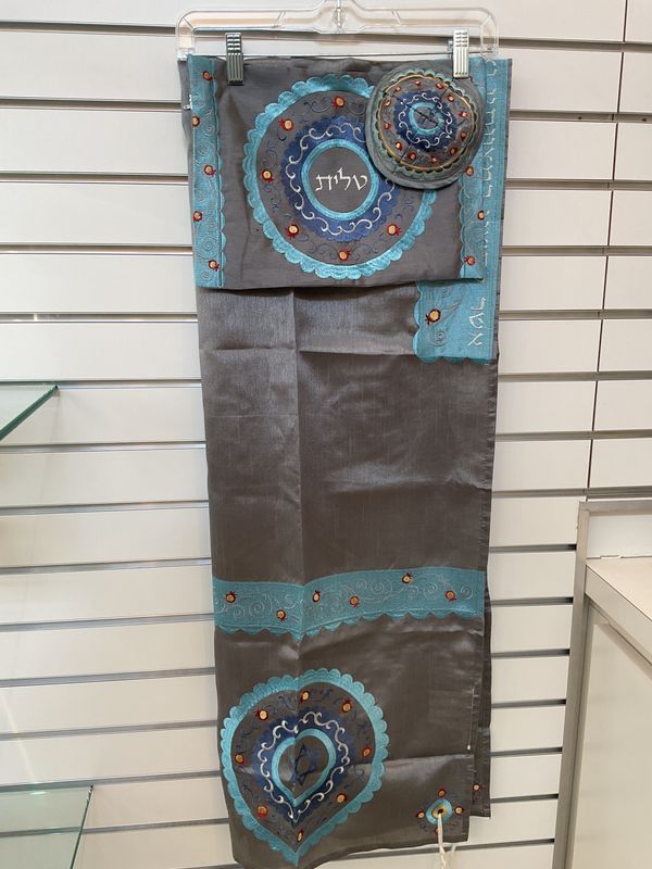 Gray Organza Tallit Set with Blue Embroidery
