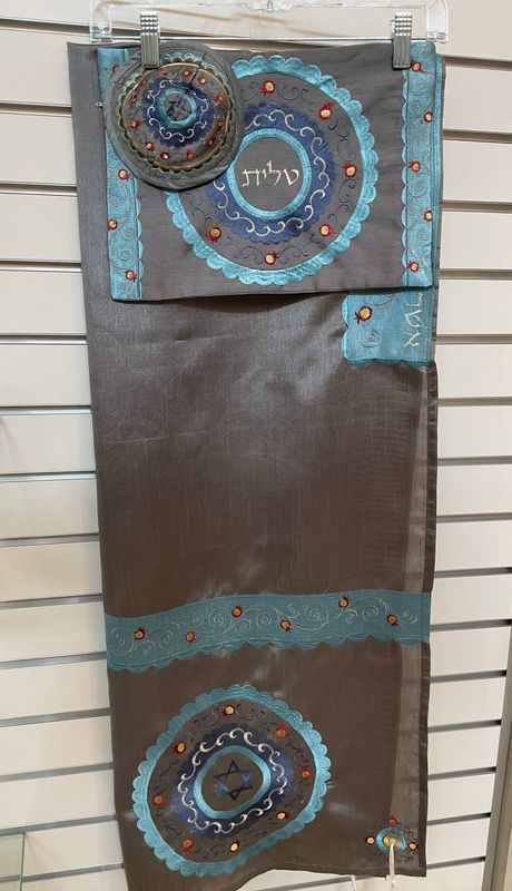 Gray Organza Tallit Set with Blue Embroidery