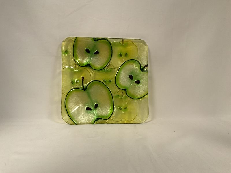 Green Apples Square Glass Plate 