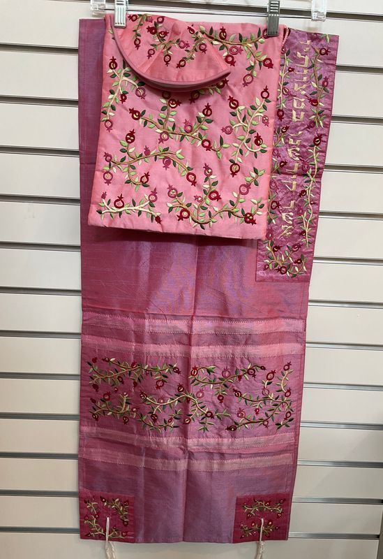 Raw Silk Pink Tallit Set with Embroidered Pomegranates