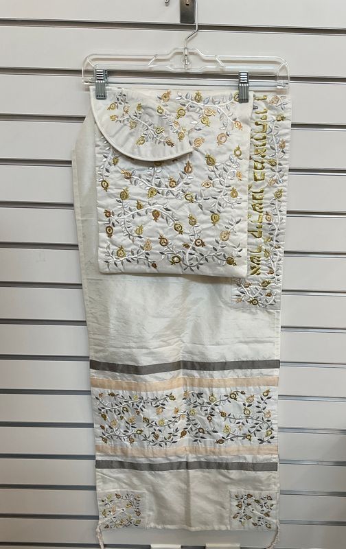 Raw Silk Cream Tallit Set with Embroidered Gold Pomegranates and Silver Lea