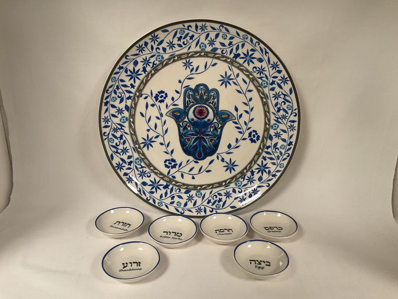Porcelain Seder Plate with Hamsa and cups