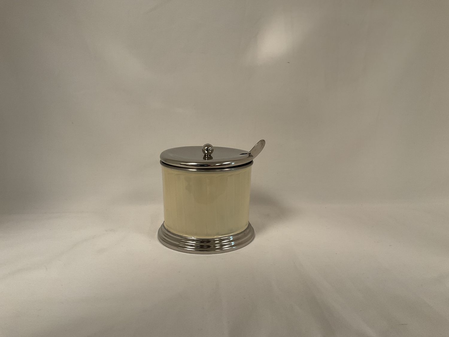 Enamel Bone/Silver Covered Dish with Spoon