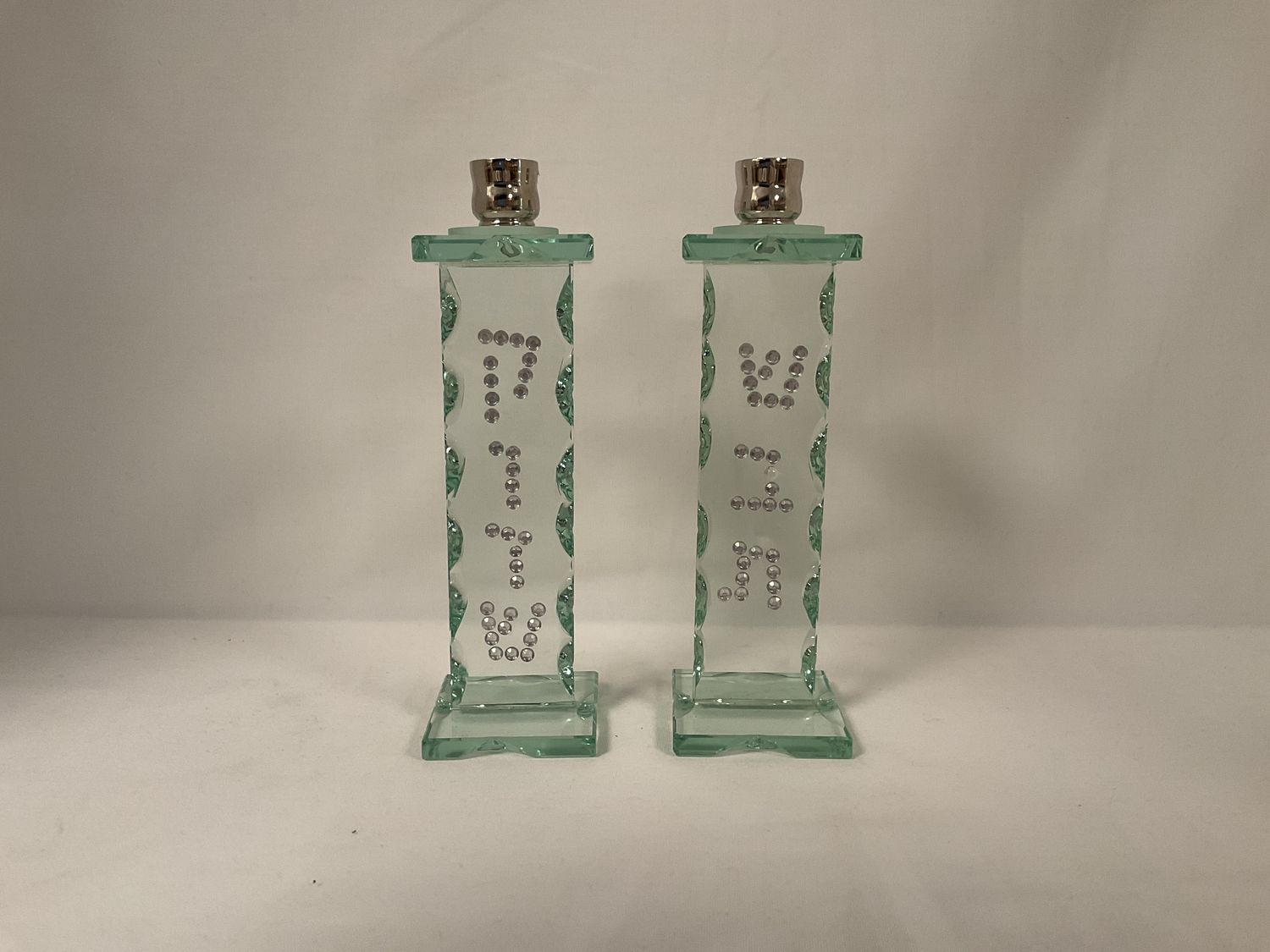 Glass Candlesticks with Shabbat Kiddush Decor