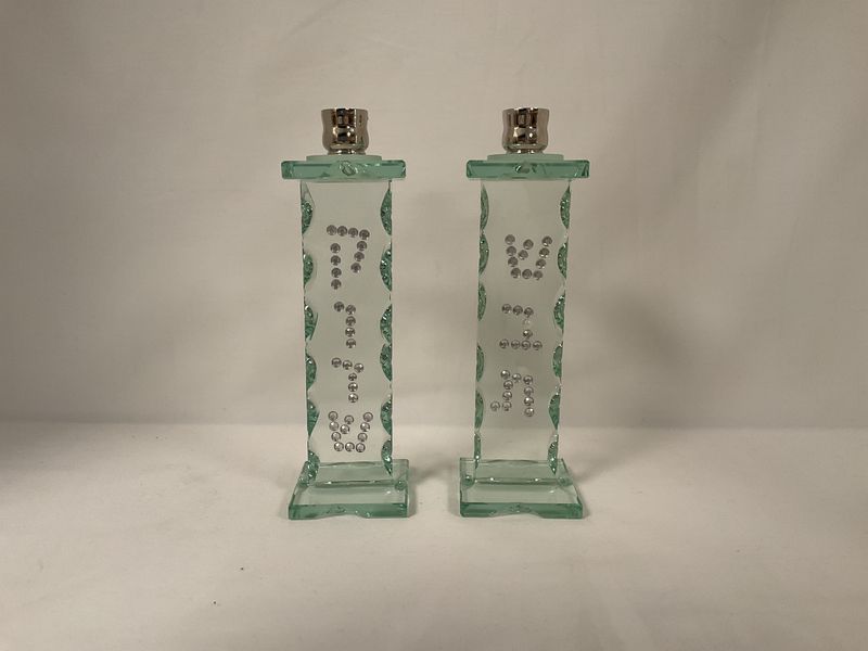 Glass Candlesticks with Shabbat Kiddush Decor