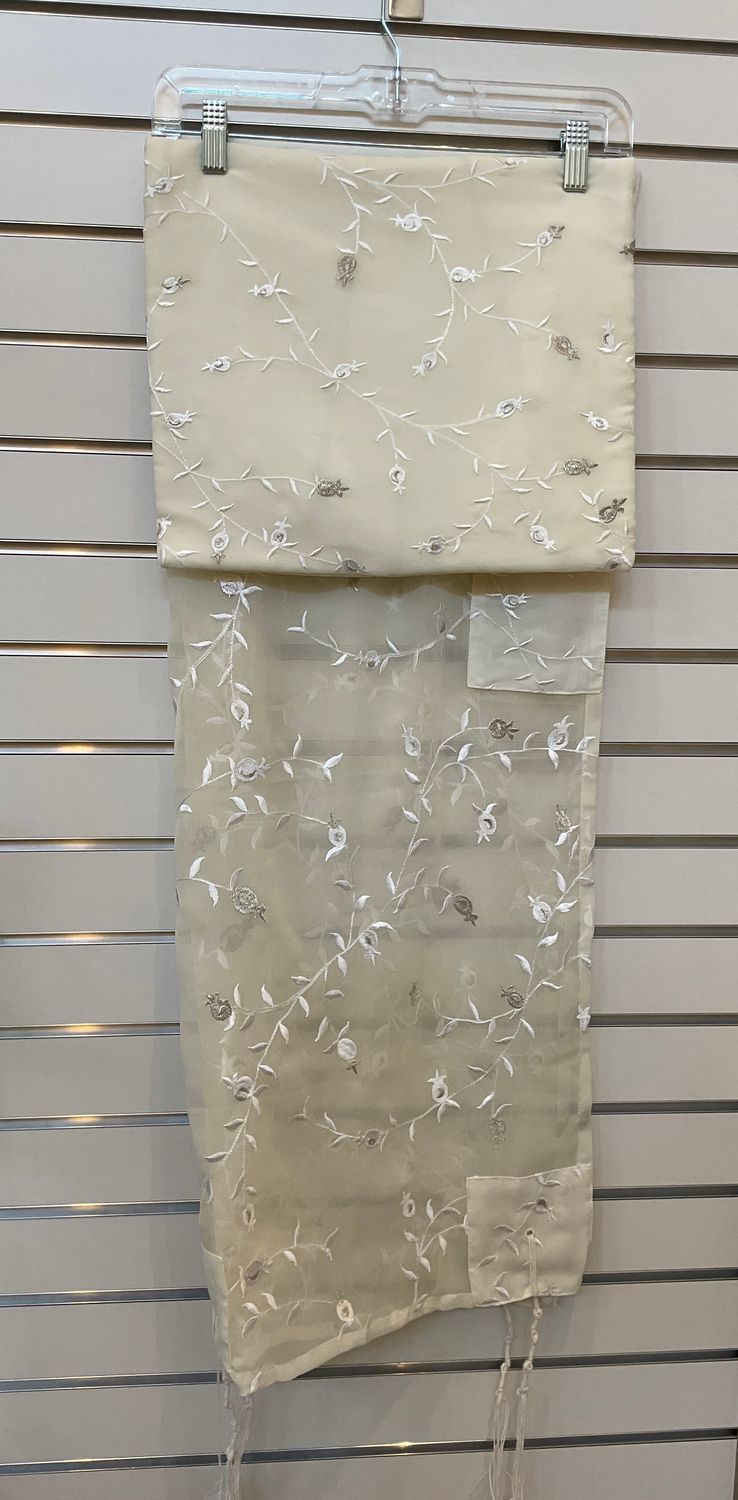 Cream Organza Embroidered Tallit and Bag with Silver Pomegranates Cream Organza Embroidered Tallit and Bag with Silver Pomegranates