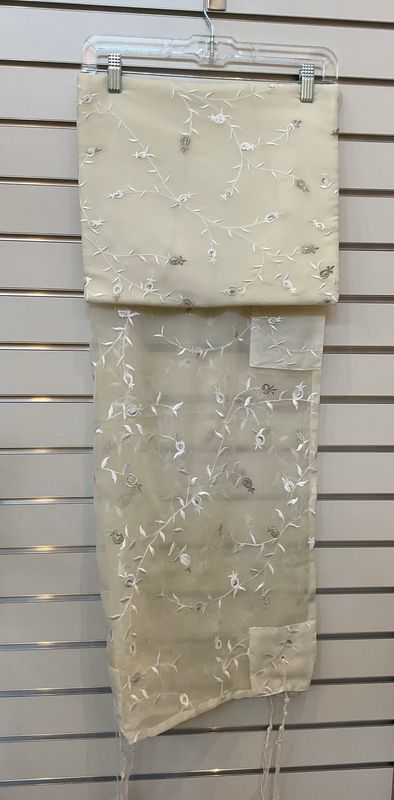 Cream Organza Embroidered Tallit and Bag with Silver Pomegranates