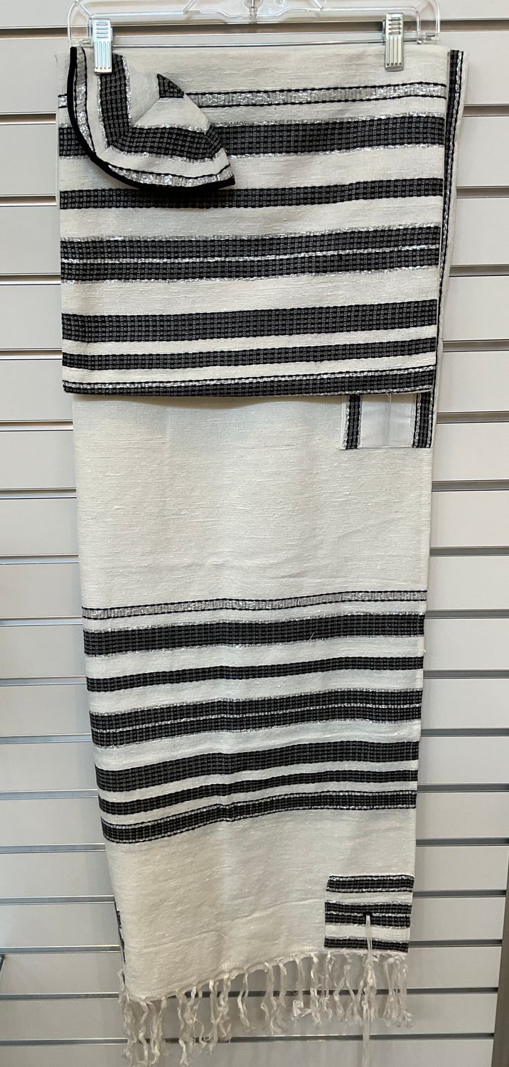 Hand-Woven Black and Silver Striped Tallit with Kippah and Bag Hand-Woven Black and Silver Striped Tallit with Kippah and Bag
