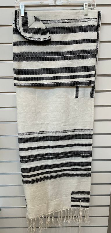 Hand-Woven Black and Silver Striped Tallit with Kippah and Bag