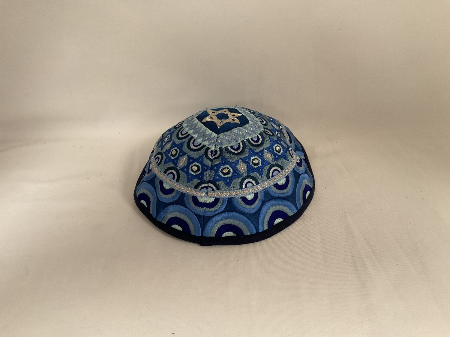 Blue Embroidered Magen David and Spheres Kippah