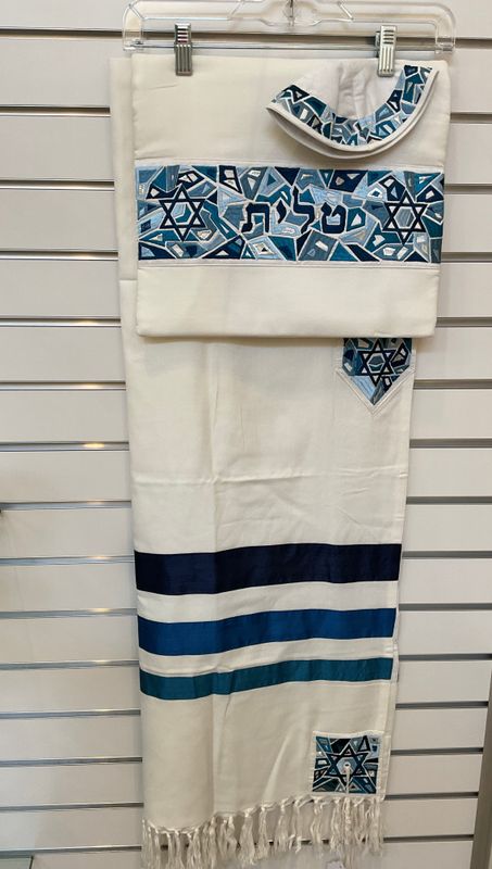 Magen David Embroidered Blue Tallit Set