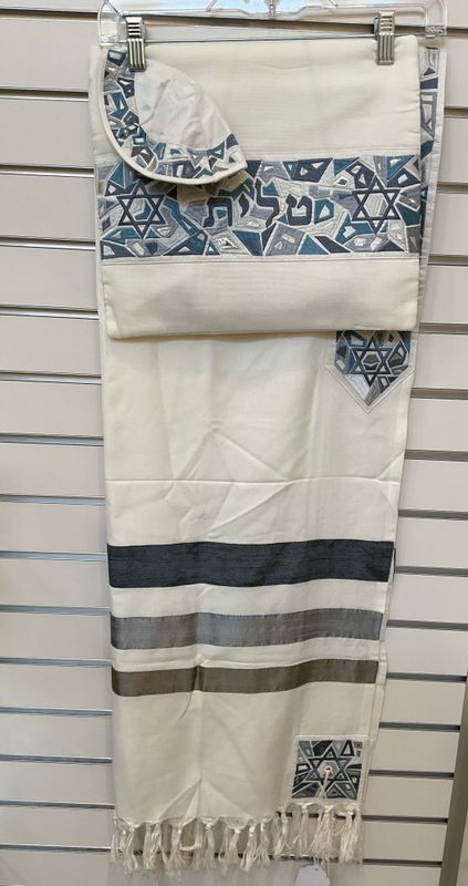 Magen David Embroidered Grey Tallit Set