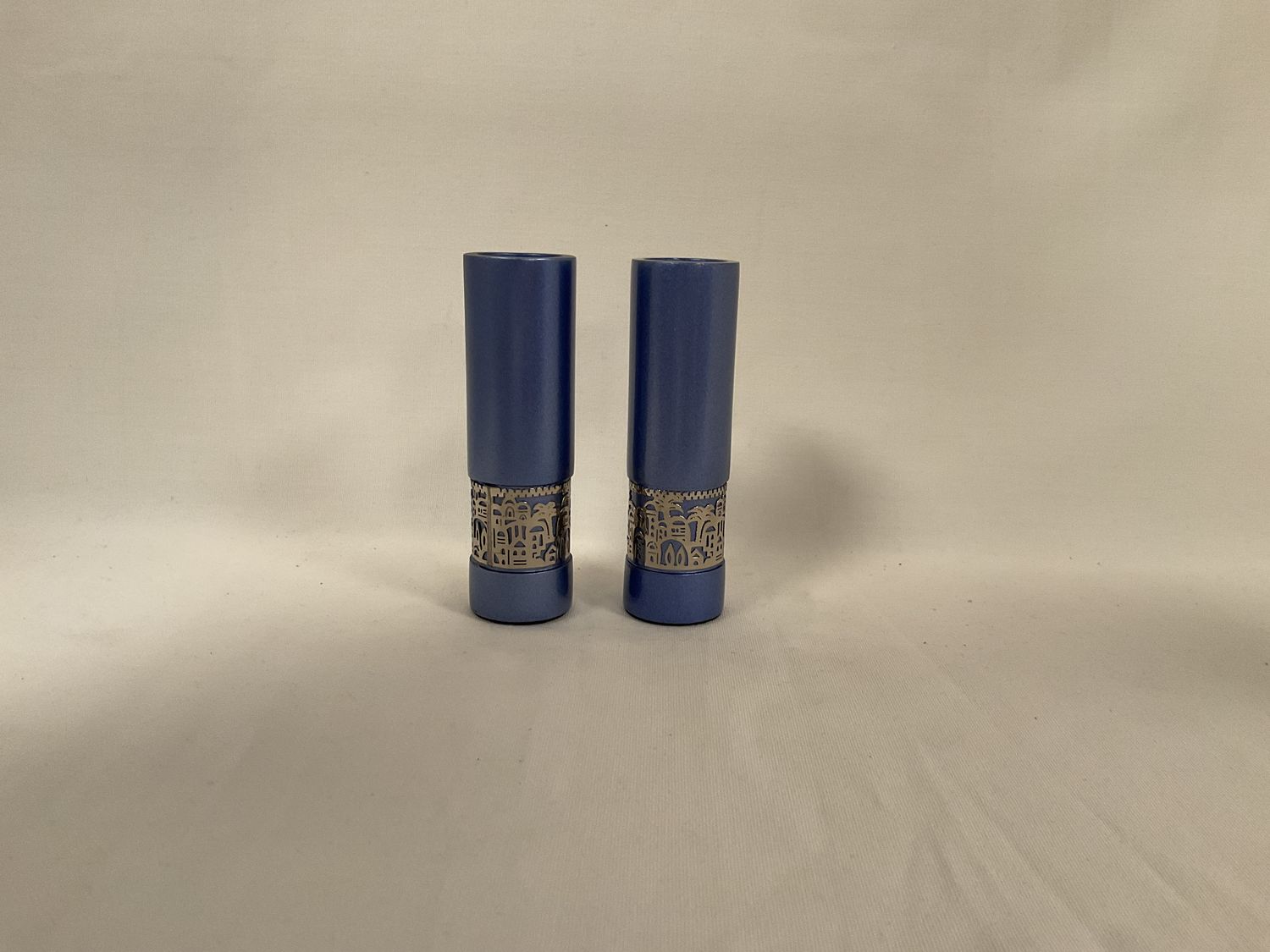 Round Blue Candlesticks with Metal Jerusalem Cutout Round Blue Candlesticks with Metal Jerusalem Cutout