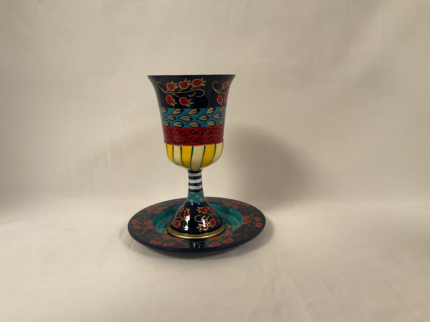 Hand Painted Kiddush Cup with Pomegranates on Tray Hand Painted Kiddush Cup with Pomegranates on Tray