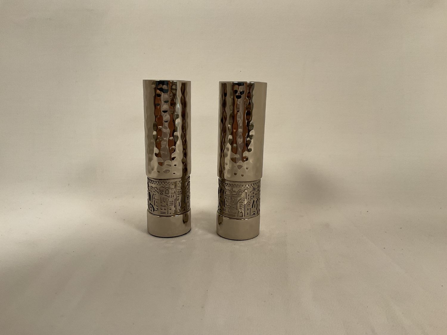 Round Hammered Silver Candlesticks with Metal Jerusalem Cutout Round Hammered Silver Candlesticks with Metal Jerusalem Cutout