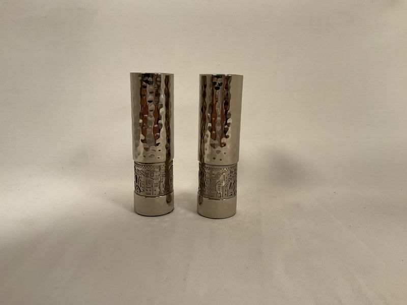 Round Hammered Silver Candlesticks with Metal Jerusalem Cutout Round Hammered Silver Candlesticks with Metal Jerusalem Cutout