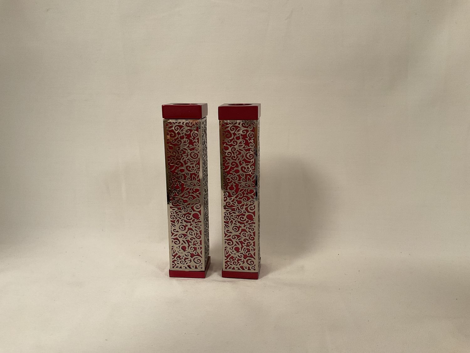 Maroon Candlesticks with Metal Pomegranate Cutout Maroon Candlesticks with Metal Pomegranate Cutout