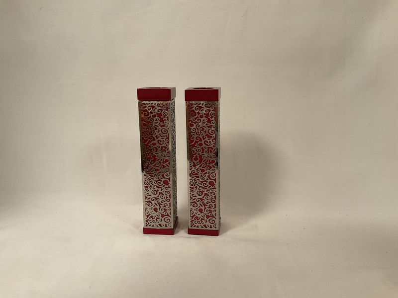 Maroon Candlesticks with Metal Pomegranate Cutout Maroon Candlesticks with Metal Pomegranate Cutout