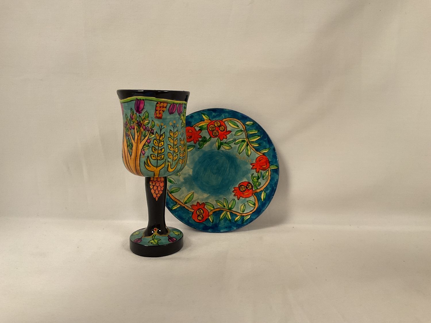 Seven Species Hand Painted Kiddush Cup with Tray Seven Species Hand Painted Kiddush Cup with Tray
