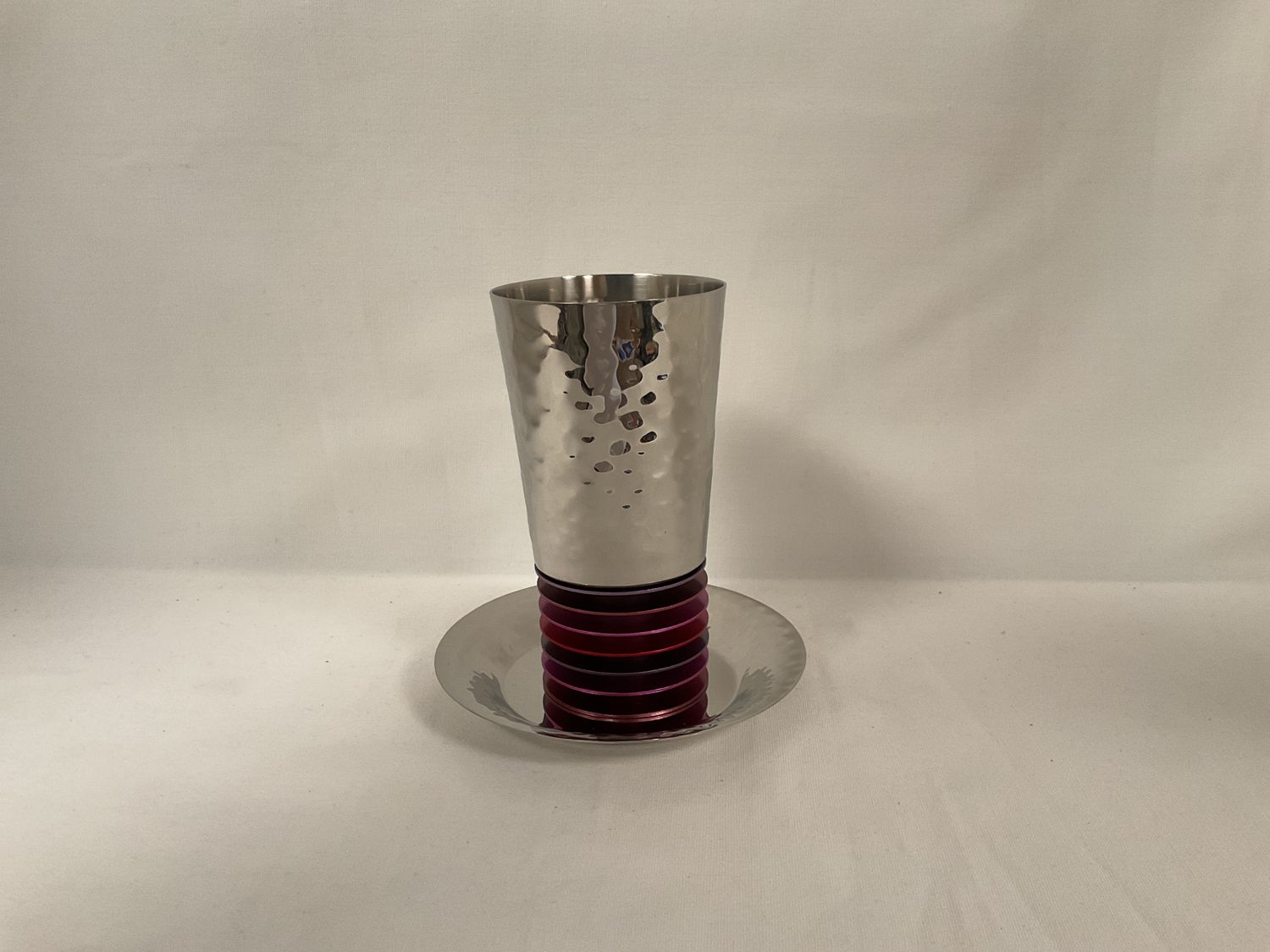 Hammered Kiddush Cup with Maroon Discs on Hammered Tray Hammered Kiddush Cup with Maroon Discs on Hammered Tray