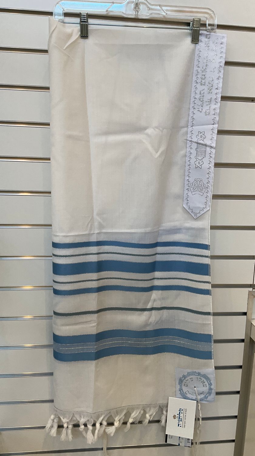 Cream Wool Tallit with Light Blue and Silver Cream Wool Tallit with Light Blue and Silver