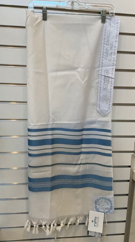 Cream Wool Tallit with Light Blue and Silver Cream Wool Tallit with Light Blue and Silver