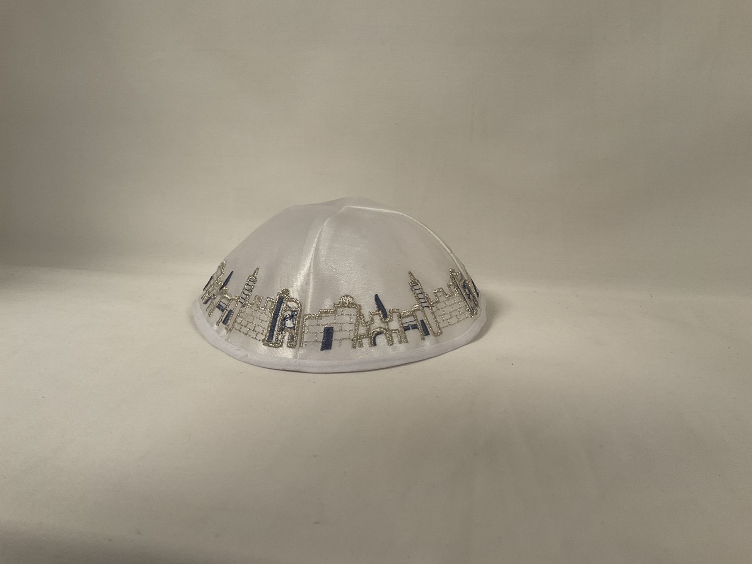 White Satin Kippah with Embroidered Jerusalem Scene White Satin Kippah with Embroidered Jerusalem Scene