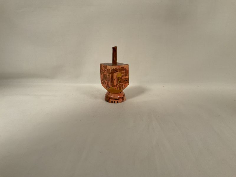 Shades of Brown Painted Dreidel with Jerusalem Scene and Stand Shades of Brown Painted Dreidel with Jerusalem Scene and Stand