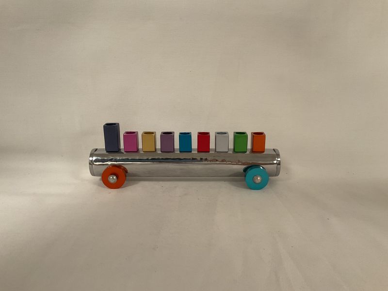 Multicolor Hammered Train Menorah on Wheels