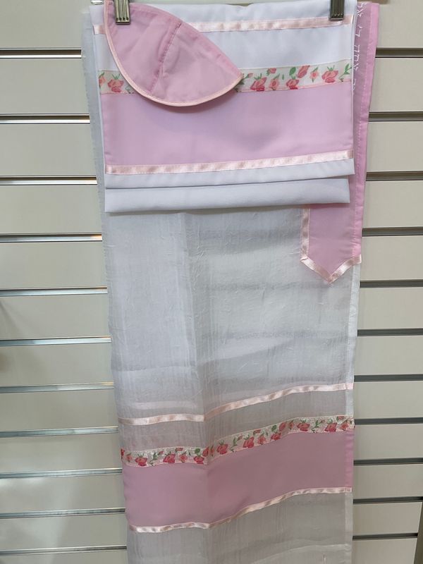 Sheer White and Pink Tallit Set with Rose Garden Ribbon Sheer White and Pink Tallit Set with Rose Garden Ribbon