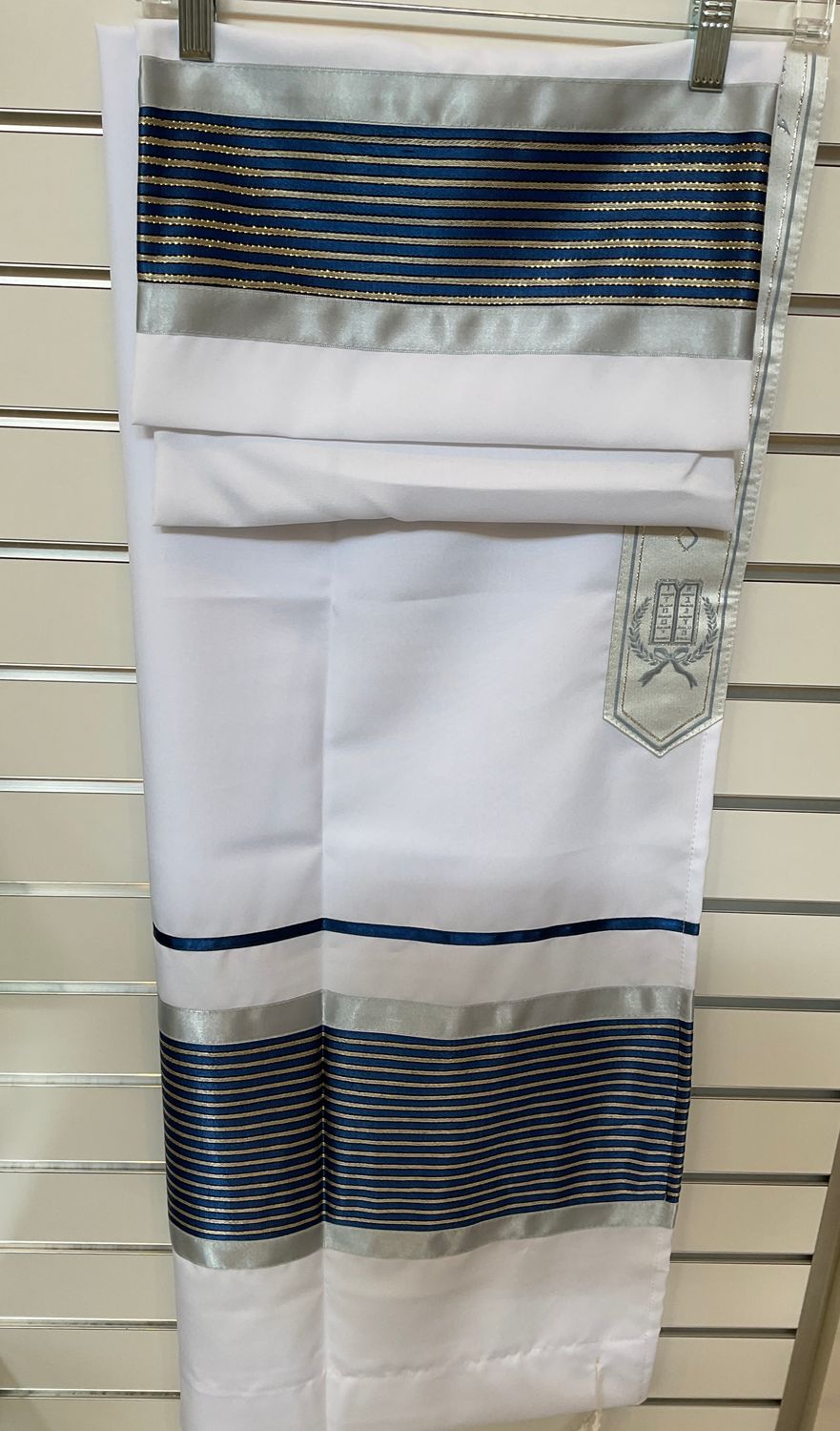 Opaque White with Navy Tallit and Bag with Gold Stripes and Satin Silver Ribbon Opaque White with Navy Tallit and Bag with Gold Stripes and Satin Silver Ribbon