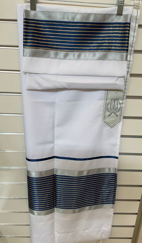 Opaque White with Navy Tallit and Bag with Gold Stripes and Satin Silver Ribbon Opaque White with Navy Tallit and Bag with Gold Stripes and Satin Silver Ribbon