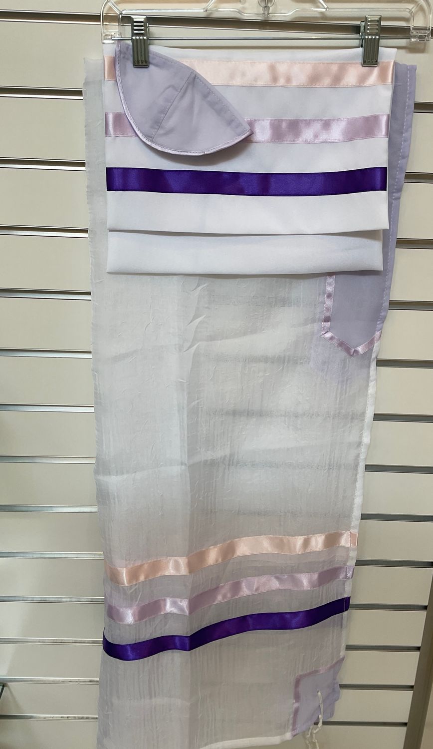 Sheer White Tallit with Pink Lilac and Purple Ribbons