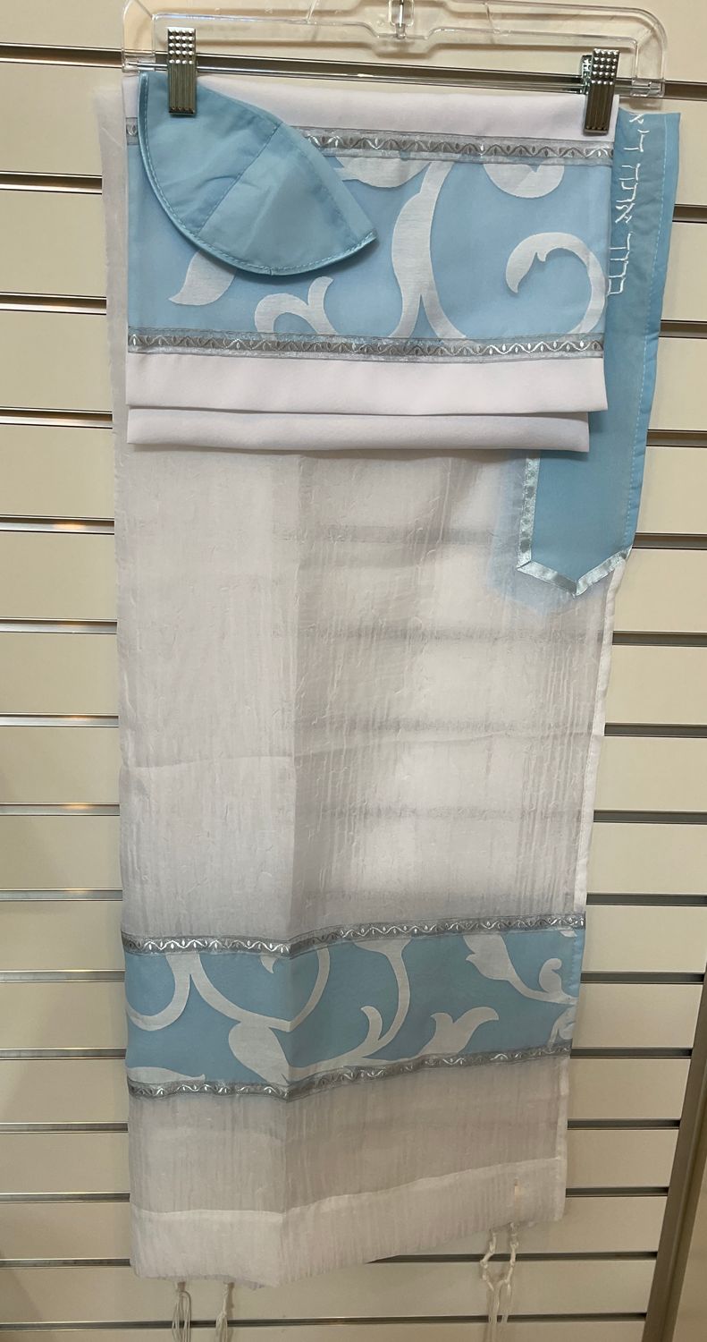 Sheer White Organza Tallit Set with Delicate Light blue Design Sheer White Organza Tallit Set with Delicate Light blue Design