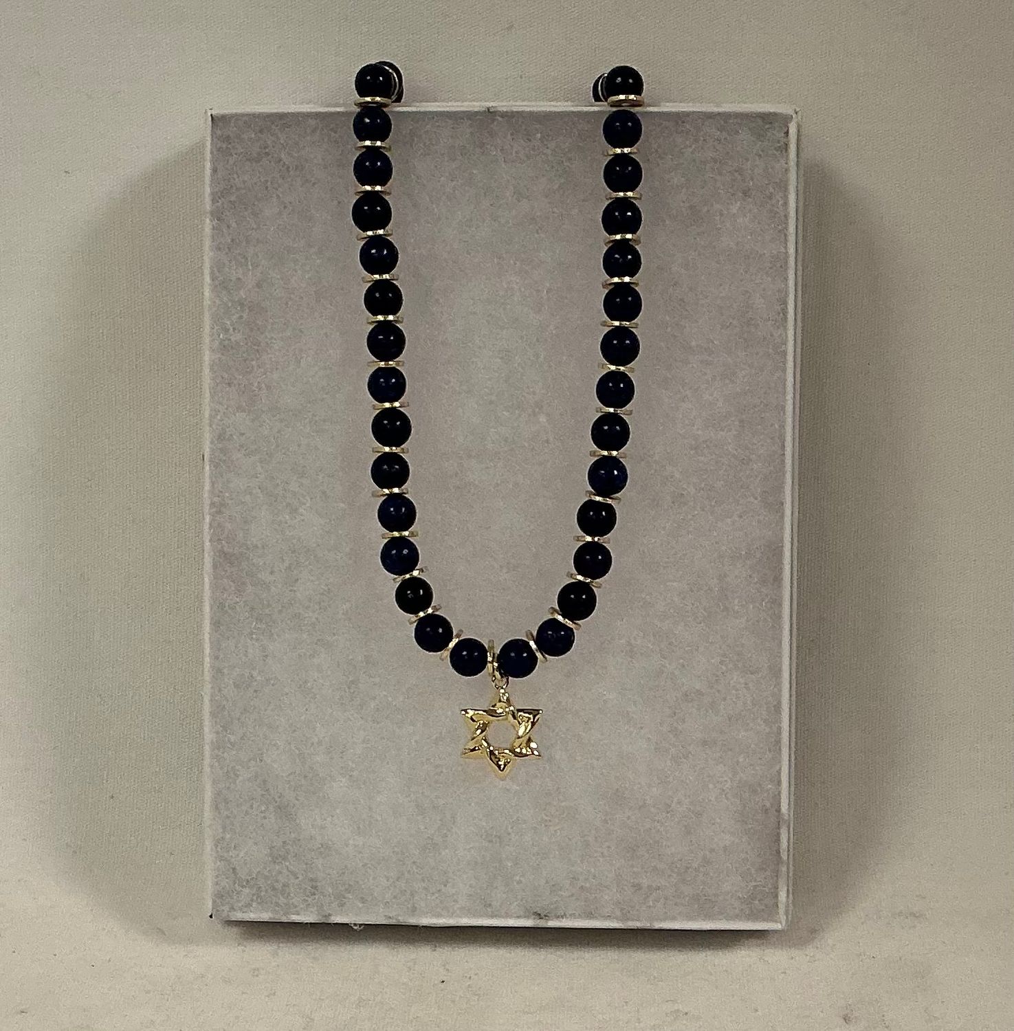 Lapis Gem Beaded Necklace with Gold Star of David Lapis Gem Beaded Necklace with Gold Star of David