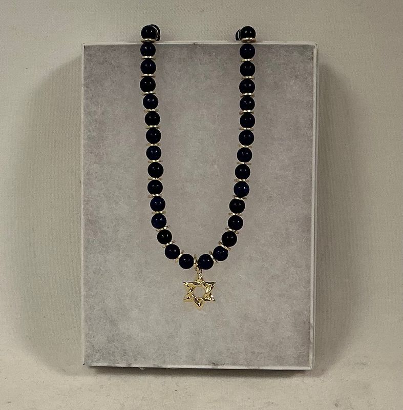Lapis Gem Beaded Necklace with Gold Star of David Lapis Gem Beaded Necklace with Gold Star of David