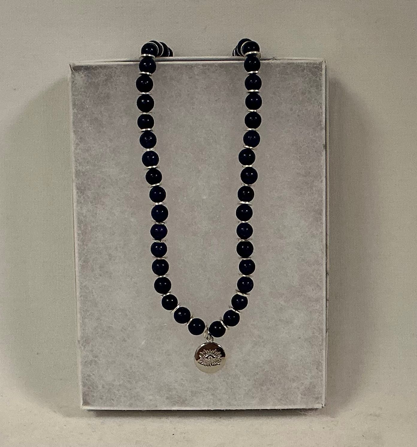 Lapis Gem Beaded Necklace with Silver Evil Eye Lapis Gem Beaded Necklace with Silver Evil Eye