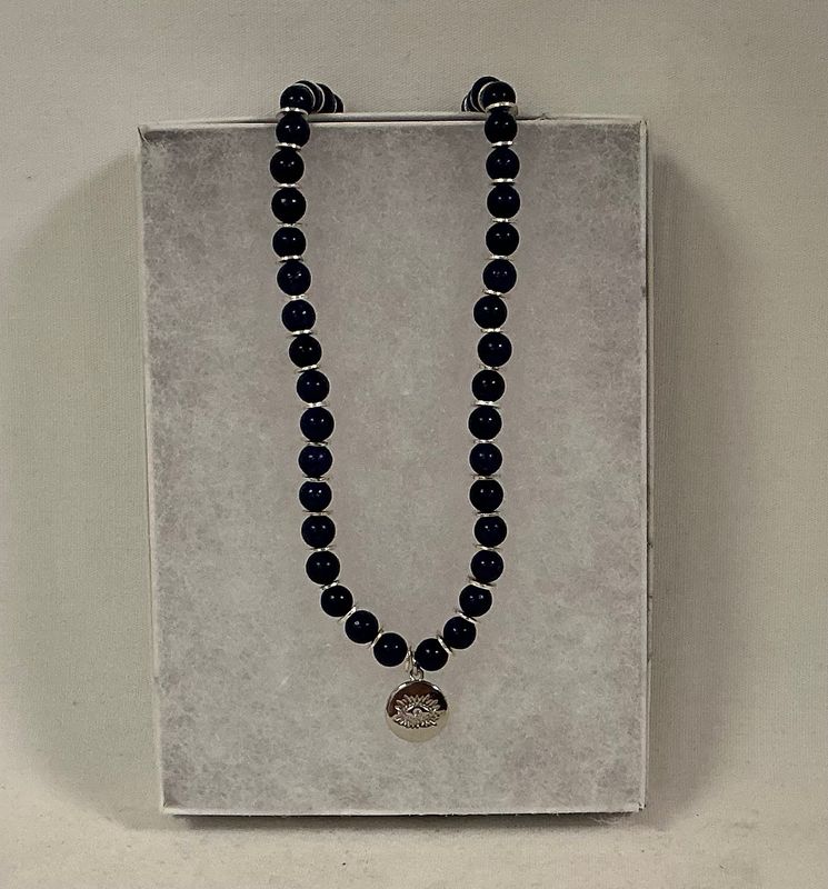 Lapis Gem Beaded Necklace with Silver Evil Eye Lapis Gem Beaded Necklace with Silver Evil Eye