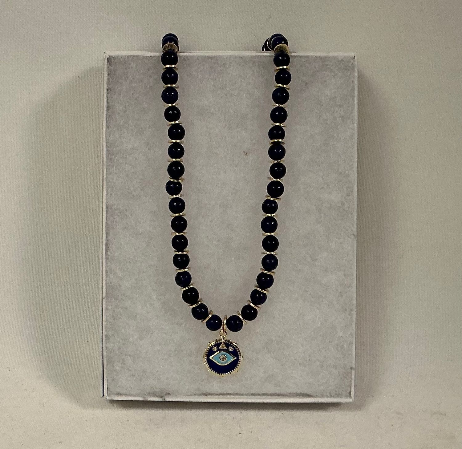 Lapis Gem Beaded Necklace with Blue Enamel Evil Eye Lapis Gem Beaded Necklace with Blue Enamel Evil Eye