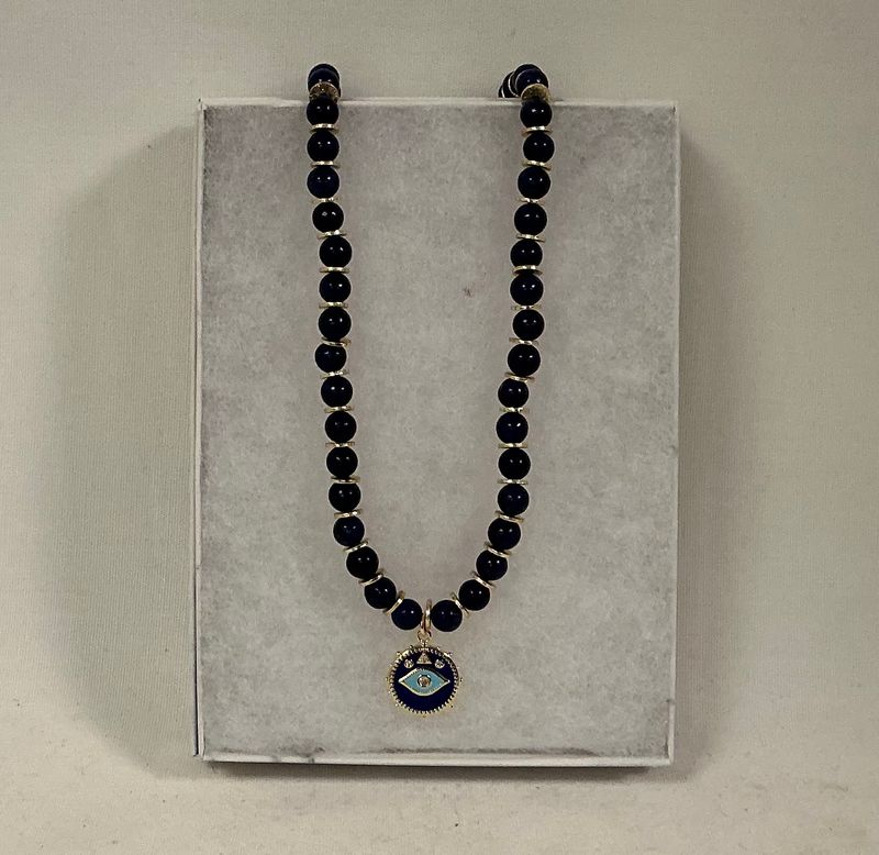 Lapis Gem Beaded Necklace with Blue Enamel Evil Eye Lapis Gem Beaded Necklace with Blue Enamel Evil Eye
