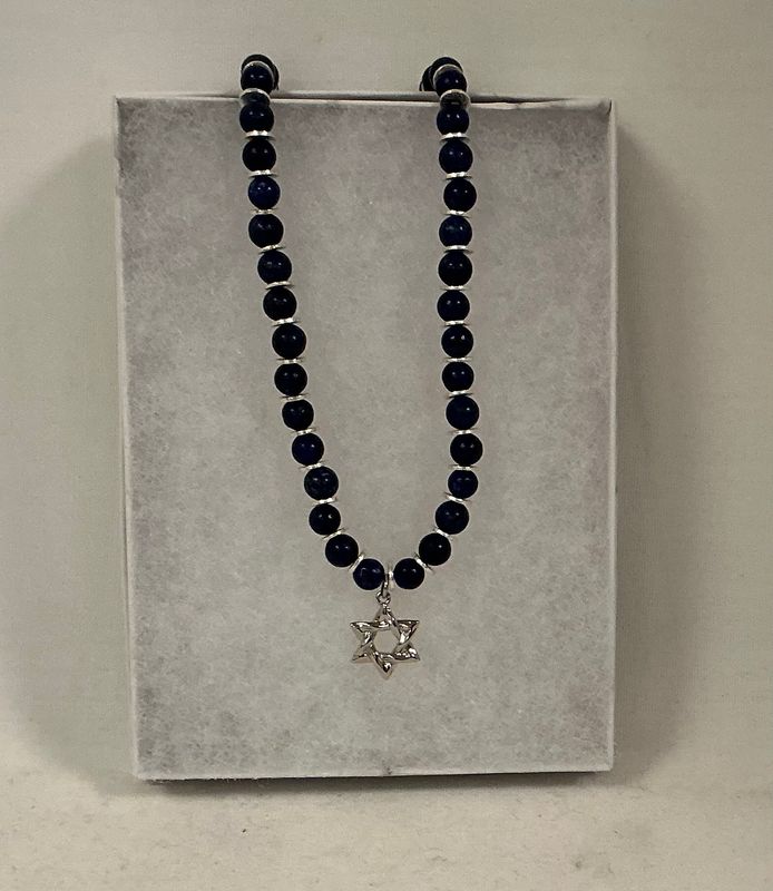 Lapis Gem Beaded Necklace with Silver Star of David Lapis Gem Beaded Necklace with Silver Star of David