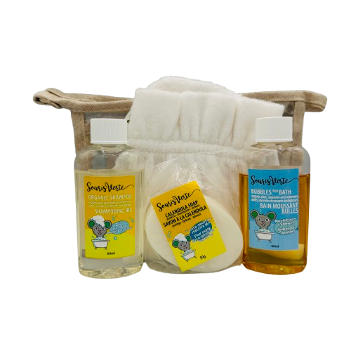 Pochette de bain (Savon, shampooing, bain moussant)