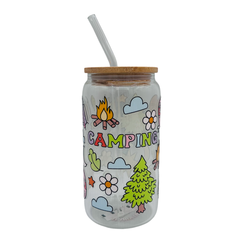 Bouteille verre 16oz couvercle bois -  Camping
