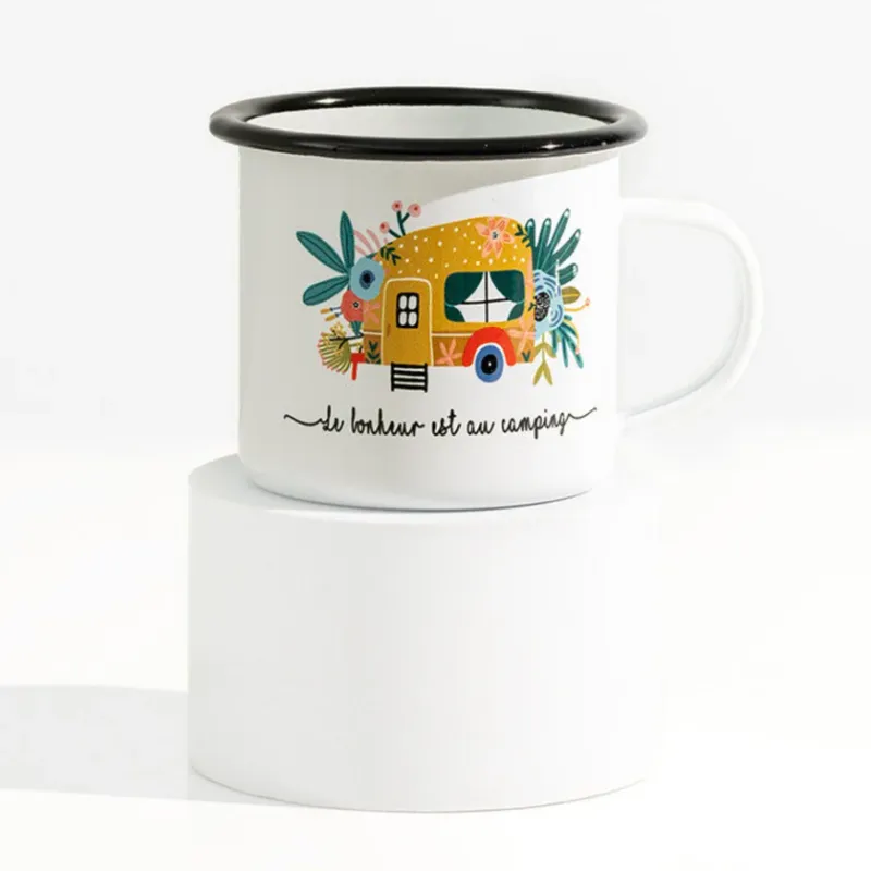 Tasse roulotte jaune-or émail - Le bonheur est au camping (Jardin jaune)