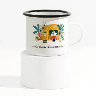 Tasse roulotte jaune-or émail - Le bonheur est au camping (Jardin jaune)