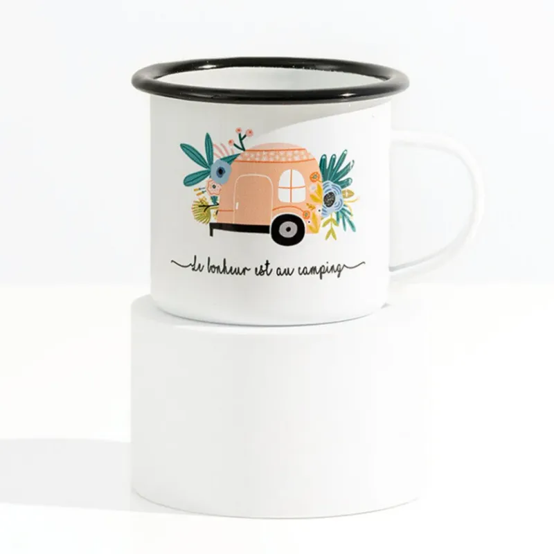 Tasse roulotte pêche émail - Le bonheur est au camping (Jardin rose)