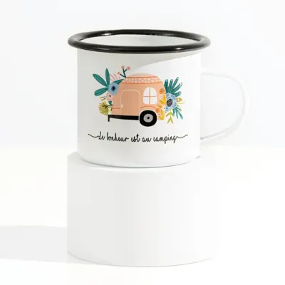 Tasse roulotte pêche émail - Le bonheur est au camping (Jardin rose)