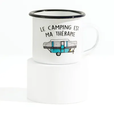Tasse tente-roulotte émail - Le camping est ma thérapie