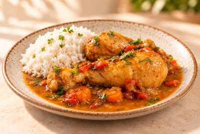Pollo guisado con arroz blanco servido en plato de cerámica